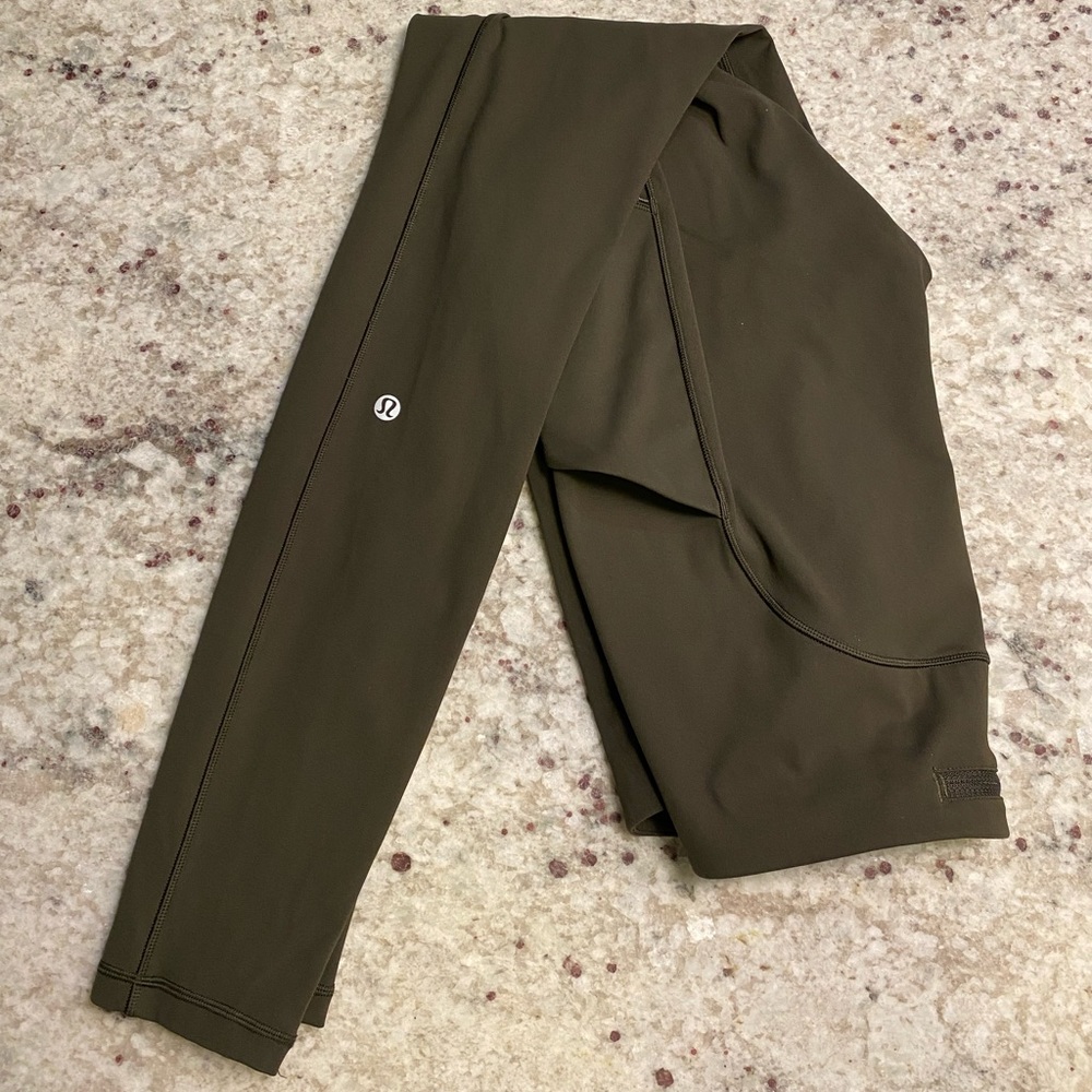Lululemon leggings with side pockets and back zipper pocket, army green, size 6
